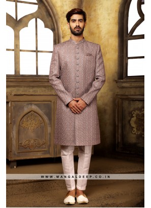 Ash Navabi Indo Western Embroidered Art Banarasi Silk Sherwani with Art Silk Aligadhi Bottom.