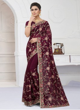 Aspiring Embroidered Shimmer Wine Trendy Saree