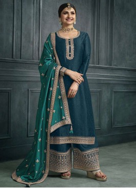 Aspiring Silk Embroidered Teal Pakistani Salwar Kameez