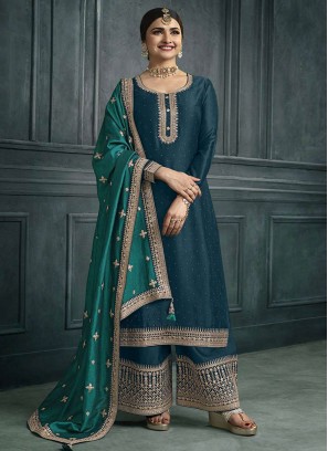 Aspiring Silk Embroidered Teal Pakistani Salwar Kameez