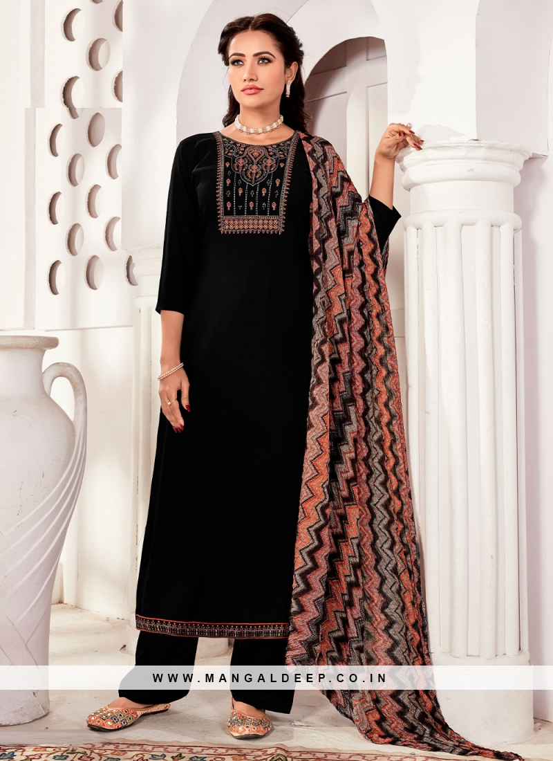 Aspiring Swarovski Black Rayon Straight Salwar Suit