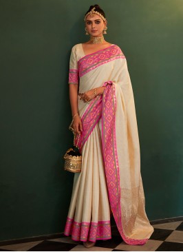 Astonishing Cream Woven Kanjivaram Silk Trendy Saree