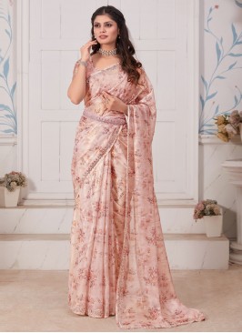 Astonishing Digital Print Peach Georgette Classic Saree