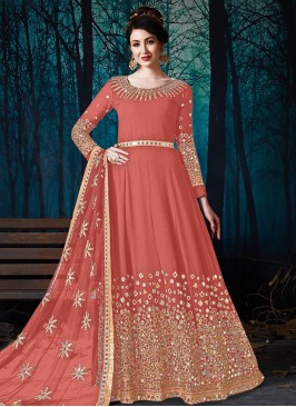 Astonishing Faux Georgette Orange Mirror Floor Length Designer Suit