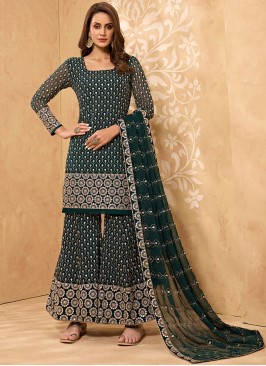 Astonishing Green Embroidered Faux Georgette Designer Palazzo Suit