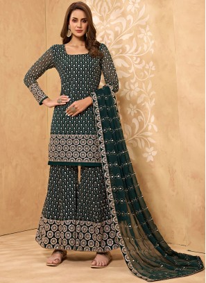 Astonishing Green Embroidered Faux Georgette Designer Palazzo Suit