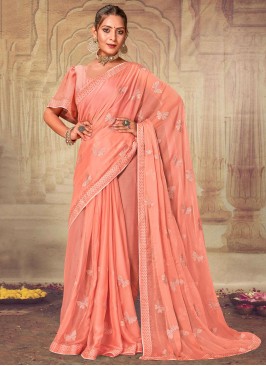 Astonishing Peach Embroidered Contemporary Saree