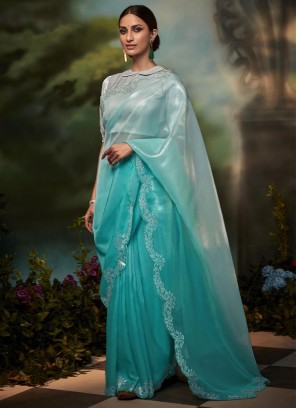 Astonishing Stone Silk Aqua Blue Traditional Saree