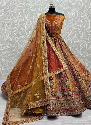 Astonishing Zircon Velvet Mustard Designer Lehenga Choli