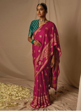 Astounding Brasso Rani Woven Trendy Saree