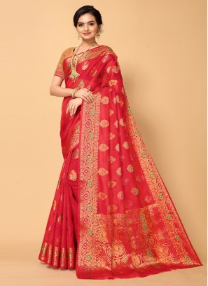 Astounding Red Organza Traditional Saree