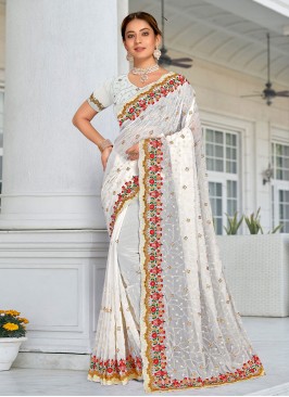 Astounding Resham White Georgette Contemporary Saree