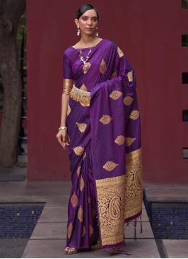 Astounding Satin Silk Purple Weaving Classic Saree