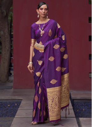 Astounding Satin Silk Purple Weaving Classic Saree