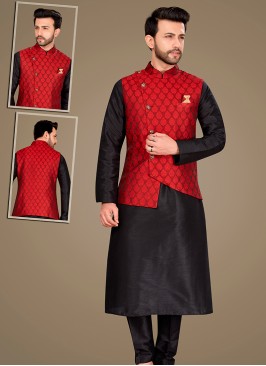 Attractive Black Art Silk Kurta Pajama Jacket Set with Marron Jacquard Jacket.