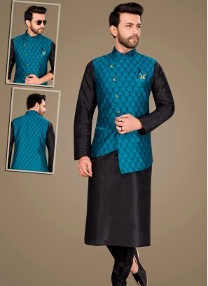 Attractive Black Art Silk Kurta Pajama Jacket Set with Rama Jacquard Jacket.