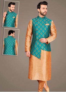 Attractive Chikoo Art Silk Kurta Pajama Jacket Set with Feroze Jacquard Jacket.