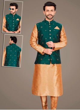 Attractive Chikoo Art Silk Kurta Pajama Jacket Set