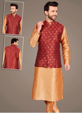 Attractive Chikoo Art Silk Kurta Pajama Jacket Set