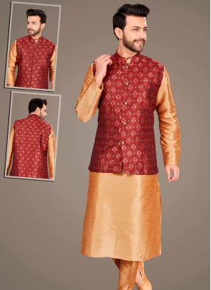 Attractive Chikoo Art Silk Kurta Pajama Jacket Set with Marron Jacquard Jacket.