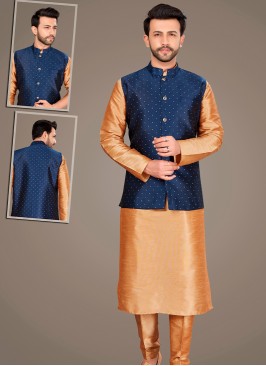 Attractive Chikoo Art Silk Kurta Pajama Jacket Set with Navy Blue Jacquard Jacket.