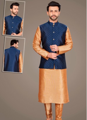 Attractive Chikoo Art Silk Kurta Pajama Jacket Set with Navy Blue Jacquard Jacket.