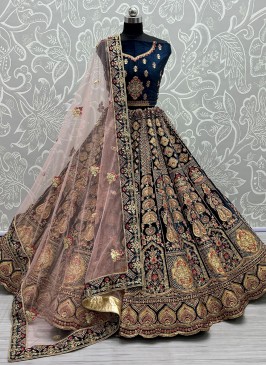 Attractive Dori Work Navy Blue Velvet A Line Lehenga Choli