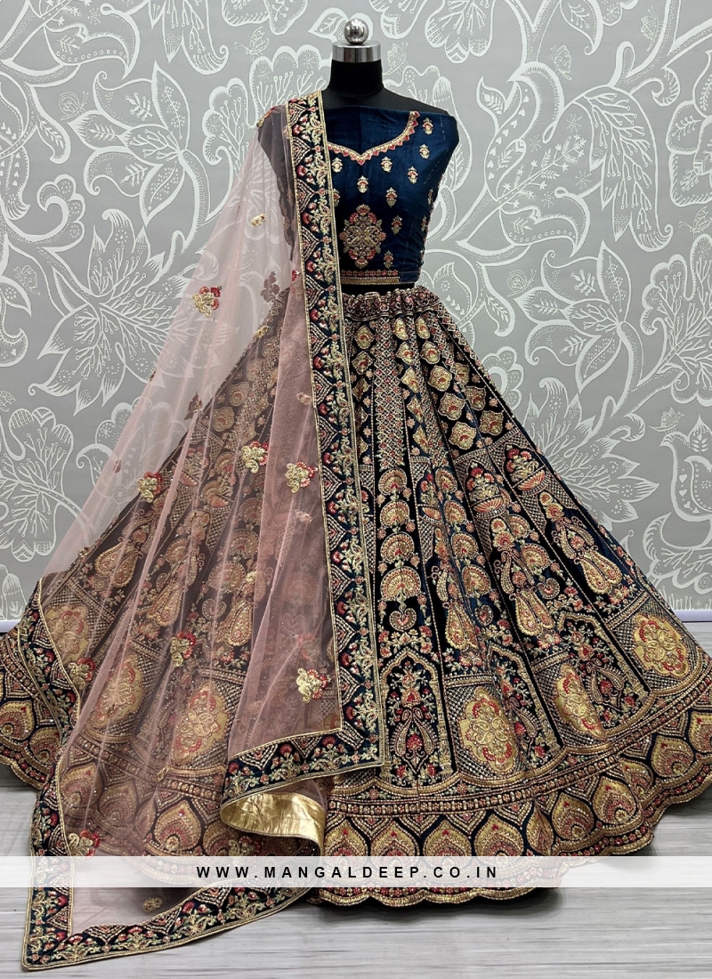 Navy blue velvet lehenga choli shop