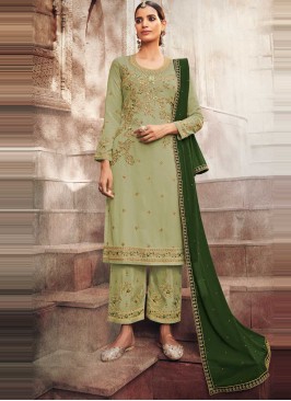 Attractive Embroidered Green Faux Georgette Designer Pakistani Salwar Suit