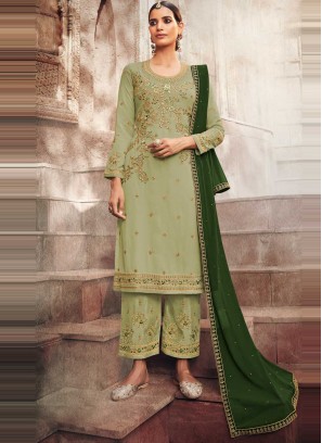 Attractive Embroidered Green Faux Georgette Designer Pakistani Salwar Suit