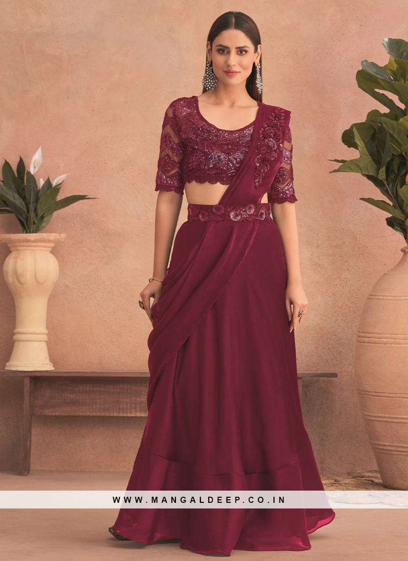Attractive Embroidered Net Maroon Lehenga Style Saree
