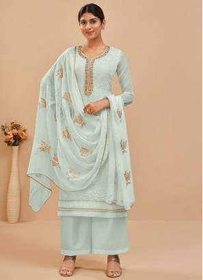 Attractive Georgette Thread Work Aqua Blue Trendy Salwar Kameez