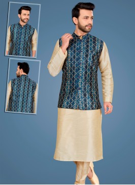 Attractive Gold Art Silk Kurta Pajama Jacket Set w