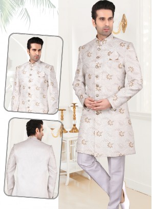 Attractive Off White Art Silk Sherwani Set with Off White Trouser