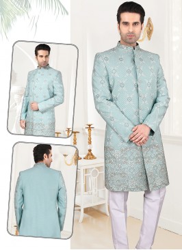 Attractive Light Feroze Art Silk Sherwani Set with