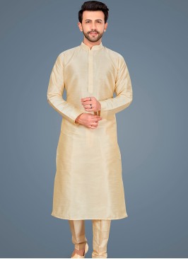 Attractive Gold Art Silk Trouser-Style Kurta Pajama Set.