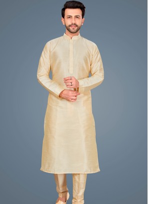 Attractive Gold Art Silk Trouser-Style Kurta Pajama Set.