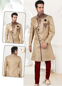 Attractive Gold Jaquard Sherwani with Marron Art Silk Trouser
