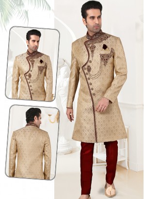 Attractive Gold Jaquard Sherwani with Marron Art Silk Trouser