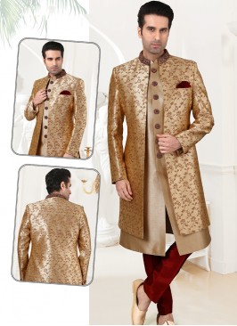 Attractive Gold Silk Sherwani with Banarasi Brocade Jacket and Maroon Art Silk Trousers