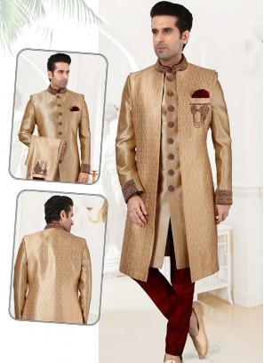 Attractive Gold Silk Sherwani with Banarasi Brocade Jacket and Maroon Art Silk Trousers