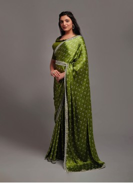 Attractive Green Satin Designer Saree