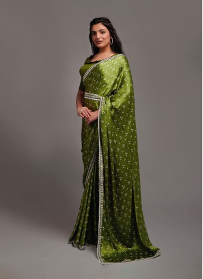Attractive Green Satin Designer Saree