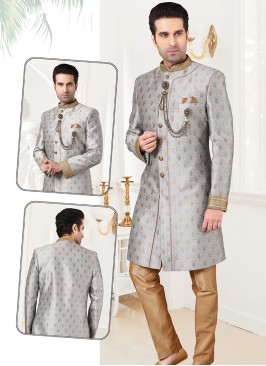 Attractive Grey Jaquard Sherwani Set with Chikoo T