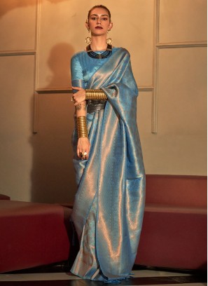 Attractive Handloom silk Aqua Blue Classic Saree