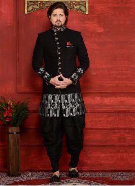 Attractive Jute Velvet Brocade Black Partywear Indo Western Suit