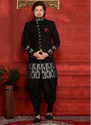 Attractive Jute Velvet Brocade Black Partywear Indo Western Suit