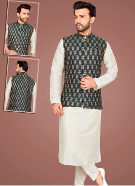 Magnetic Lemon Art Silk Kurta Pajama Jacket Set with Green Jacquard Jacket.