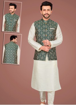 Attractive Lemon Art Silk Kurta Pajama Jacket Set with Green Jacquard Jacket.