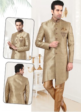 Attractive Light Antique Banarasi Brocade Sherwani Set with Chikoo Trouser